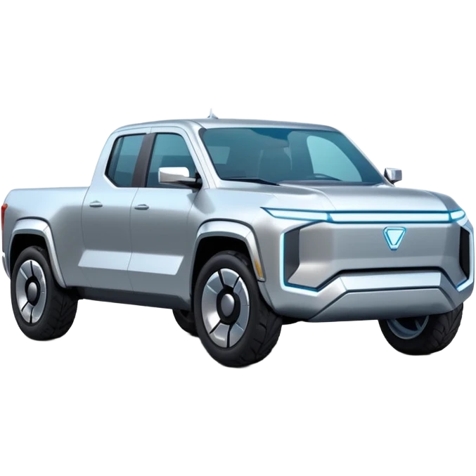 A futuristic electric pickup truck emoji, silver chrome body, angular cyber design, smooth metallic panels, subtle reflections, minimalistic proportions, iOS emoji style, centered composition, clean white background, soft lighting emoji