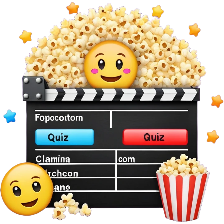 A colorful title slide for "The Emoji Movie Quiz" slideshow game with movie clapperboard, popcorn, and quiz elements arranged in presentation format emoji