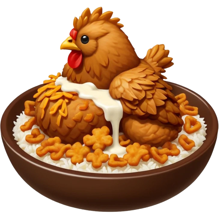 iOS-style food emoji, flat design: round bowl with white rice base, topped with crispy fried chicken pieces, fried onion bits, sweet-and-sour sauce and white sauce zigzag drizzles, finished with parsley flakes, clean shapes, transparent background. emoji