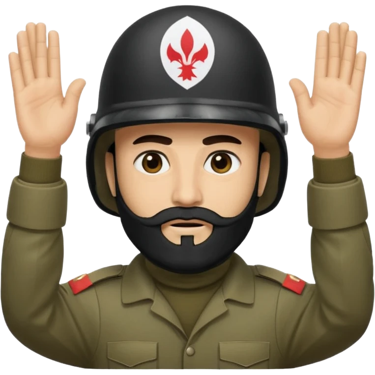 surrenders, depicts an Iraqi soldier from 1980, with a beard, in a helmet, a helmet "WITHOUT" insignia, with a balaclava, with sad eyes and both hands raised up emoji