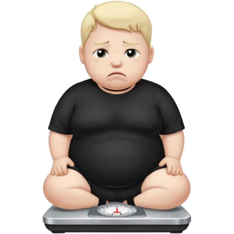 sad fat young boy in black t shirt crying on weight scale  emoji