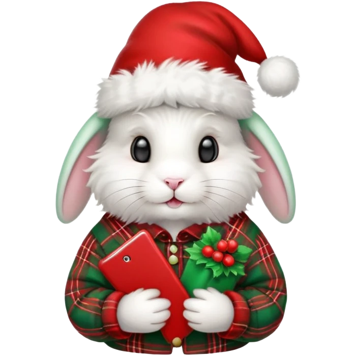 fluffy white angora rabbit wearing red and green plaid Christmas hat held in hands emoji