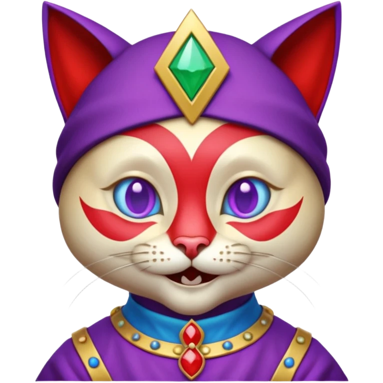 crazy colorful cute little cat jolly joker from poker, medieval, vintage, court jester, mac os icon, purple, gold and red color, half body, blue ice eyes. Squared shape as 3D mac os icon, symmetrical emoji