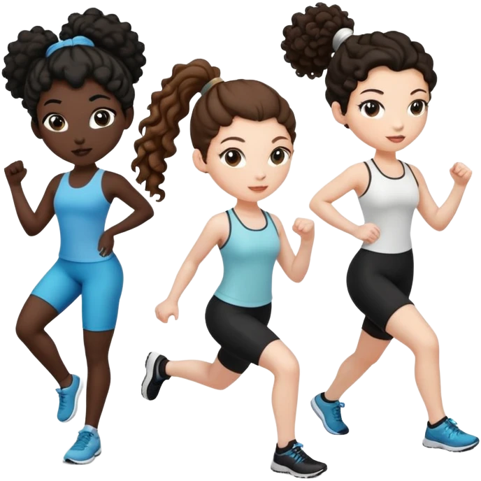 3 women exercising. The woman on the left has pale white skin and curly brown hair in a ponytail. The woman in the middle has black skin and curly black hair. The woman on the right has pale white skin and straight, brown hair in a ponytail. emoji