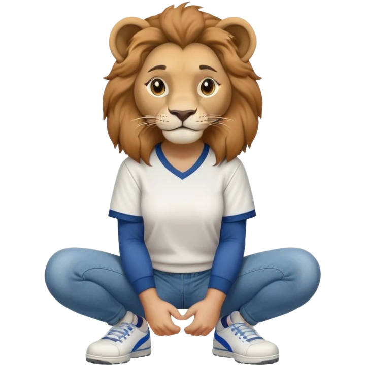 friendly anthropomorphised female lion wearing a baseball shirt, jeans, and trainers, in a squat position, empty hands emoji