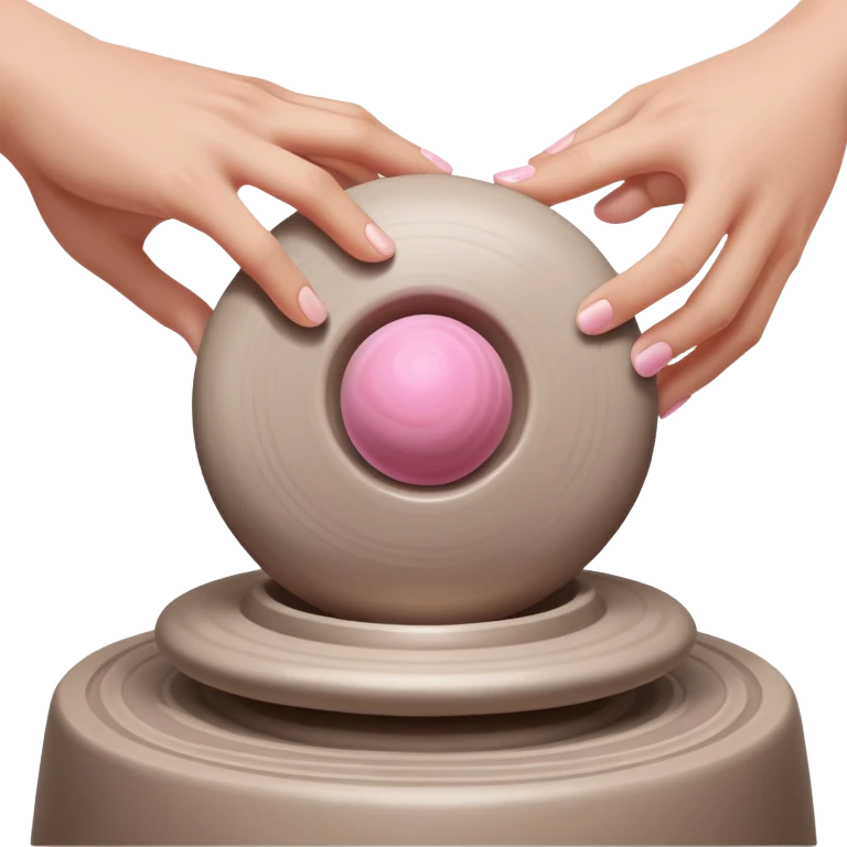 hand hovering over a centered pink ball of clay on a silver pottery wheel, not touching it yet, sensing position before contact emoji