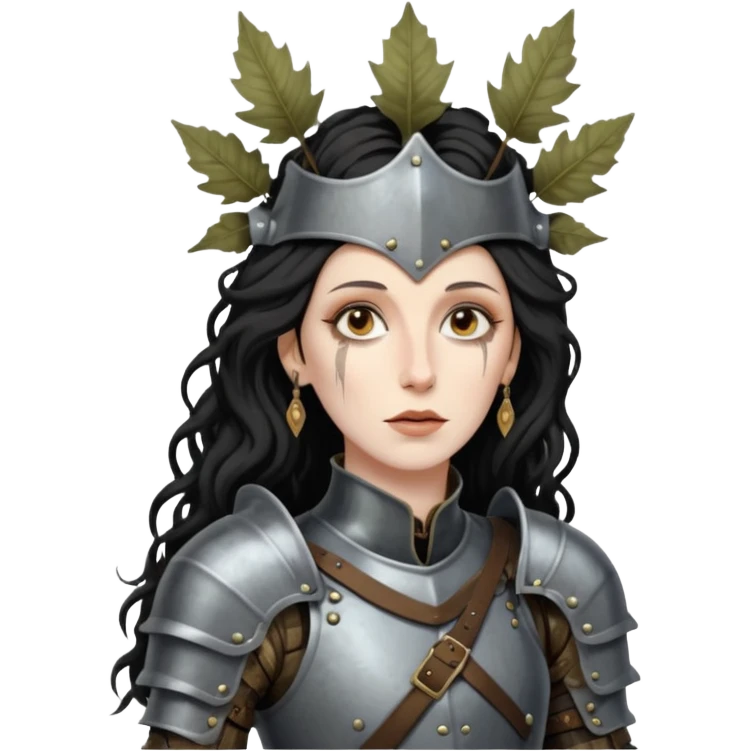 realistic cinematic actress Cher in Victorian styling like Joan of Arc dirty damaged armor in a forest emoji