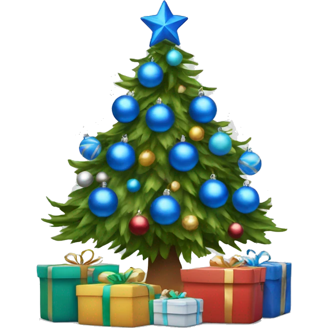 Christmas tree with blue ornaments, lights and with gifts wrap under the tree emoji