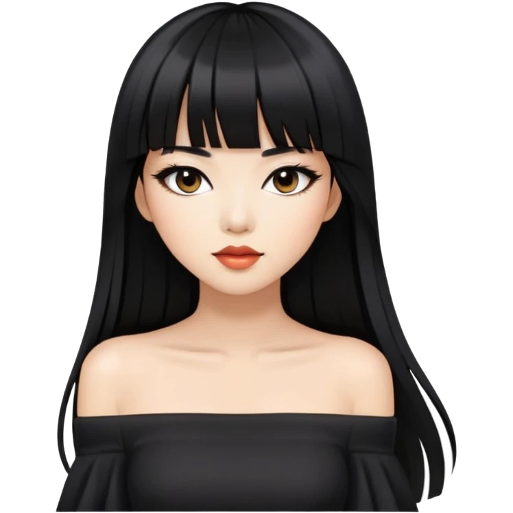 fashionable woman with Asian skin tone, long straight black hair with straight bangs, black off-shoulder outfit, and stylish makeup emoji