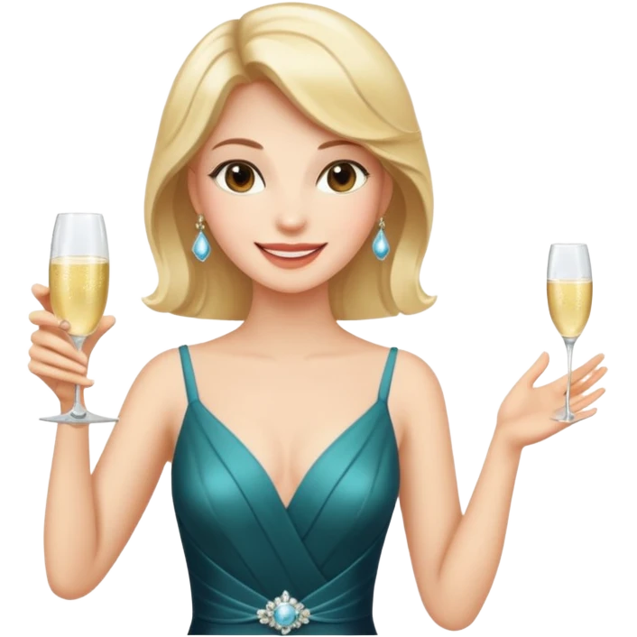A confident woman in an evening dress raises her champagne glass with a calm, joyful smile. emoji