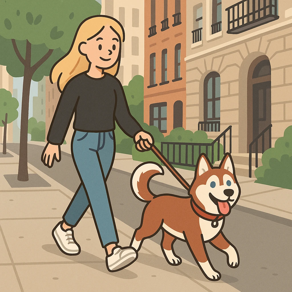 Cute Blonde woman wearing a black sweater and jeans and white sneakers walking a happy red-brown blue-eyed Siberian husky in New York City on an upper east side city sidewalk, flat toon style  emoji