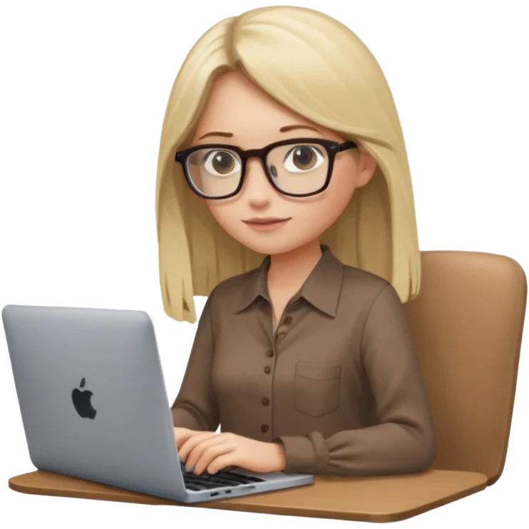 Girl in glasses, blonde long hair, sitting, brown blouse, typing on gray MacBook emoji