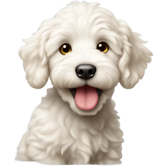 Playful white labradoodle puppy sticking its tongue out  emoji