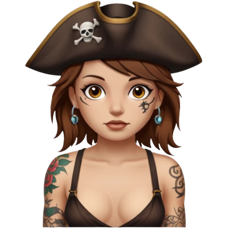 Pirate girl Brown hair brown eyesz white skin, naked with tattoos emoji