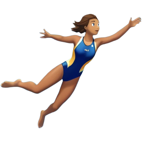 A diver mid-air, plunging from a high cliff into the sparkling ocean below. The background features rugged cliffs, clear blue water, and a bright sky, emphasizing the excitement and danger of the sport with a sense of freedom and adventure. emoji