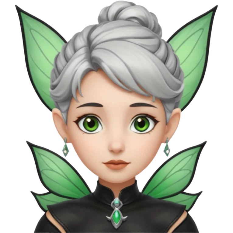Haz un emoji de una chica con piel blanca ojos marrones y verdes nariz puntiaguda orejas de fae labios finos pelo plateado con un recogido y ropa de cuero negra emoji