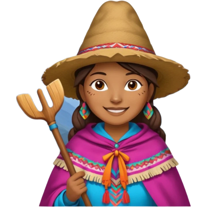 3D emoji style illustration of a Peruvian Andean farmer (woman), wearing traditional chullo hat and poncho, holding a hoe, smiling, mountains in background, bright natural colors, bold outlines, glossy sticker style, transparent background emoji
