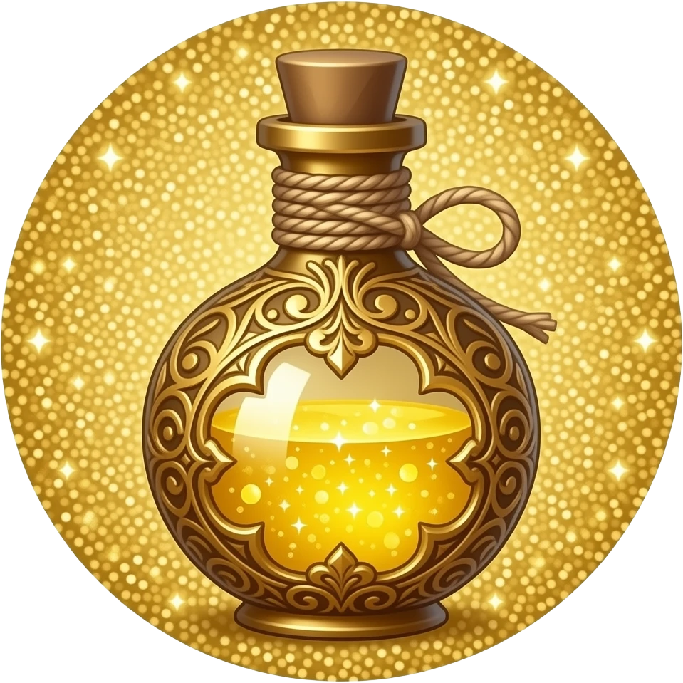 ornate golden potion bottle with intricate filigree, filled with shimmering luminous gold liquid, decorative cap tied with twine, glittering gold background, magical luxury aesthetic emoji
