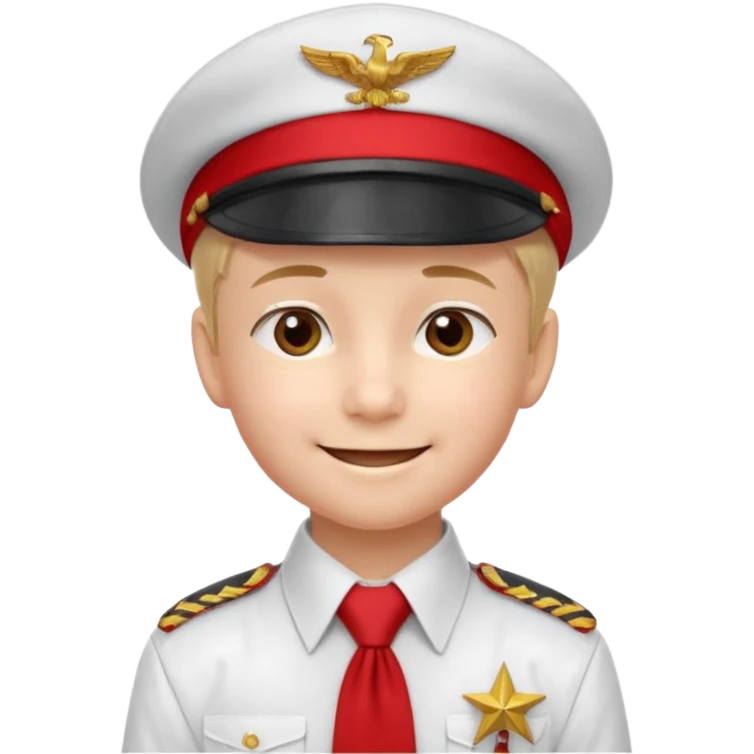 A Soviet pioneer emoji — smiling young boy wearing a white shirt with a bright red pioneer necktie and a classic red pilotka cap. The pilotka should look like a Soviet military cap, not a cowboy hat. Flat, smooth 3D shading emoji