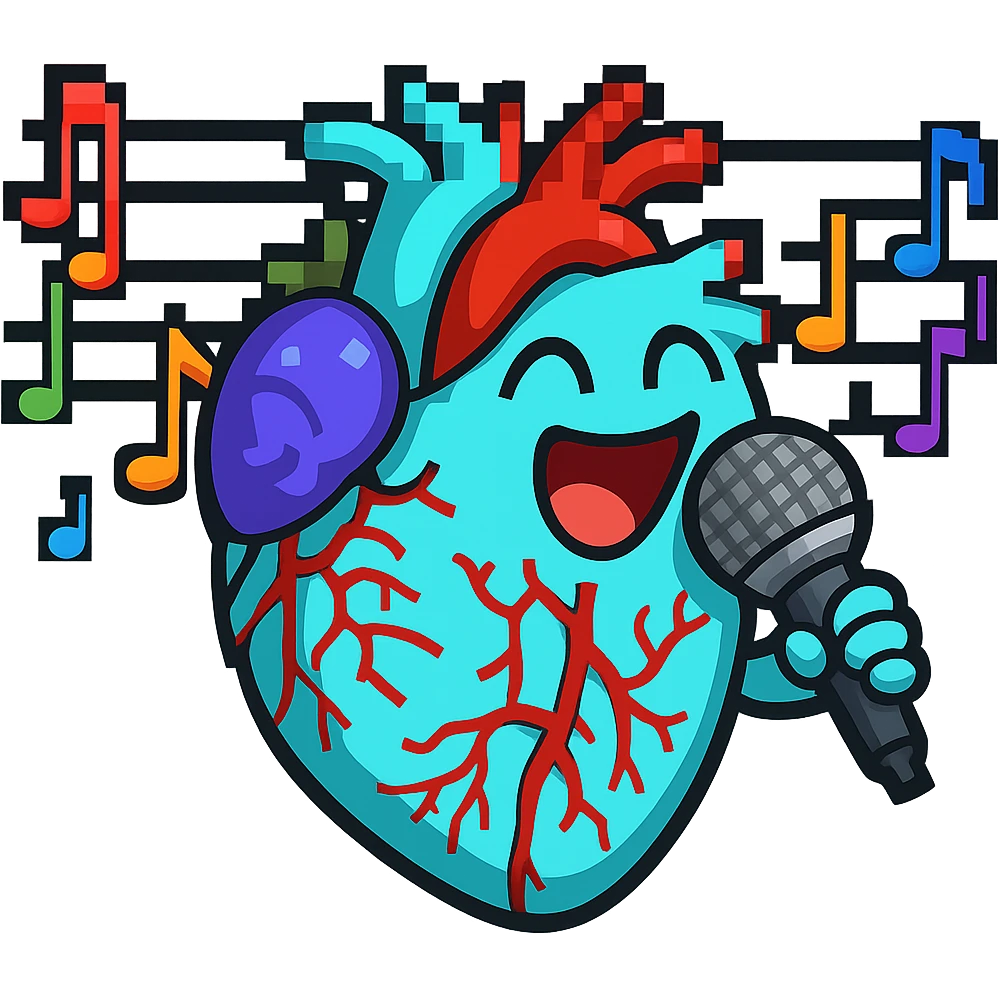 Add a microphone to the cute anatomical heart singing joyfully in pixel art style, keep the pixel art look and no background. emoji