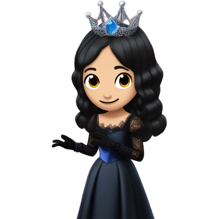 relaxed low-cut back silky black evening ball gown with lace gloves, Jenna Ortega as Wednesday Addams wearing a mini diamond tiara showing off blood blue cute horned old dragon hand-puppet emoji