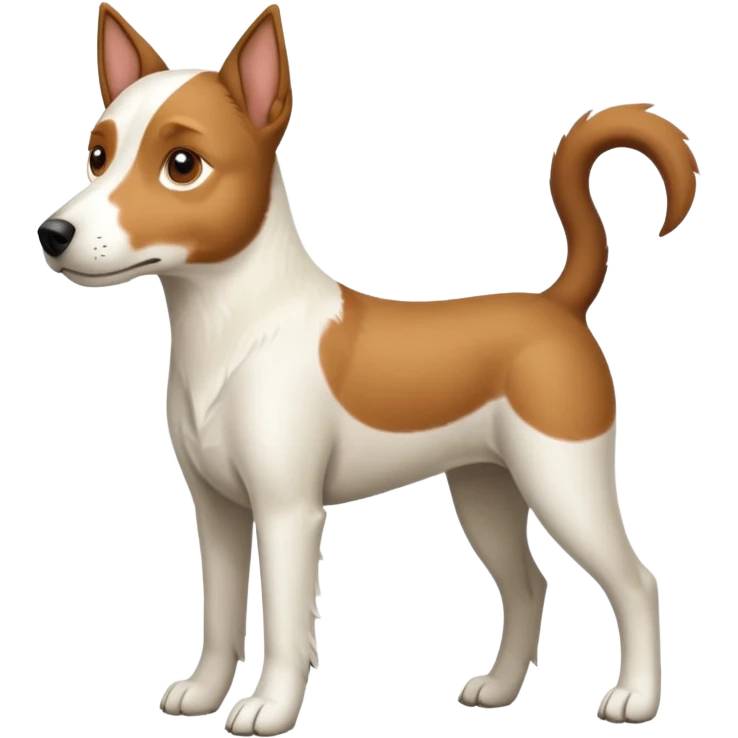 a full body white parson russell looking dog the size of a kelpie with light brown ears and a light brown patch on one eye and a large snout emoji
