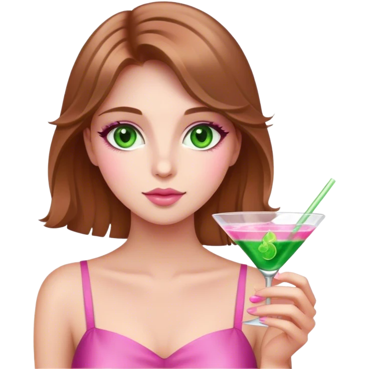 green eyes light brown hair white girl holding a pink cosmo emoji