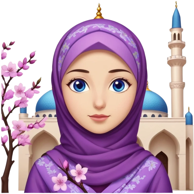 Turkish beautiful finish Konya girl blue eyes with hijab and purple cherry blossom dress on mosque emoji