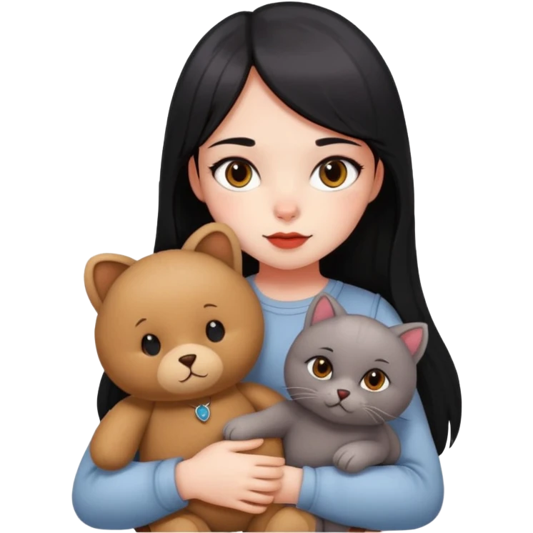 girl,drak eyes, red cheeks, black long hair with a straight bang, white face, holding a British gray cat and a brown teddy bear emoji