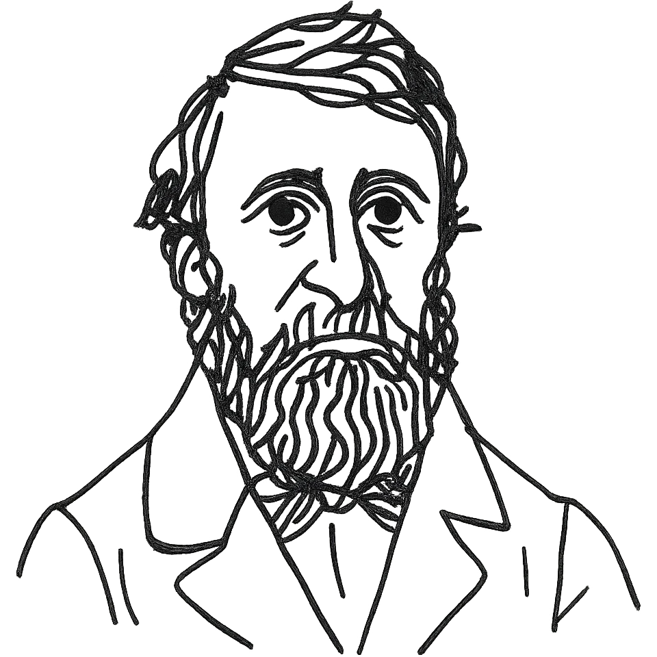 a hand drawn black outline portrait of Henry David Thoreau with similar size eyes based a famous photograph of him emoji