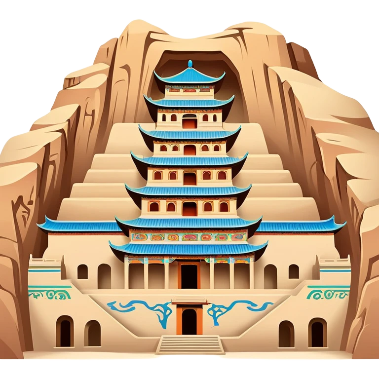 Mogao Caves Dunhuang with colorful Buddhist murals, simplified emoji style with bold outlines and bright colors, cartoon style cave entrance with paintings emoji