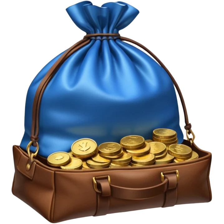 leather bag on top of blue coins stack emoji