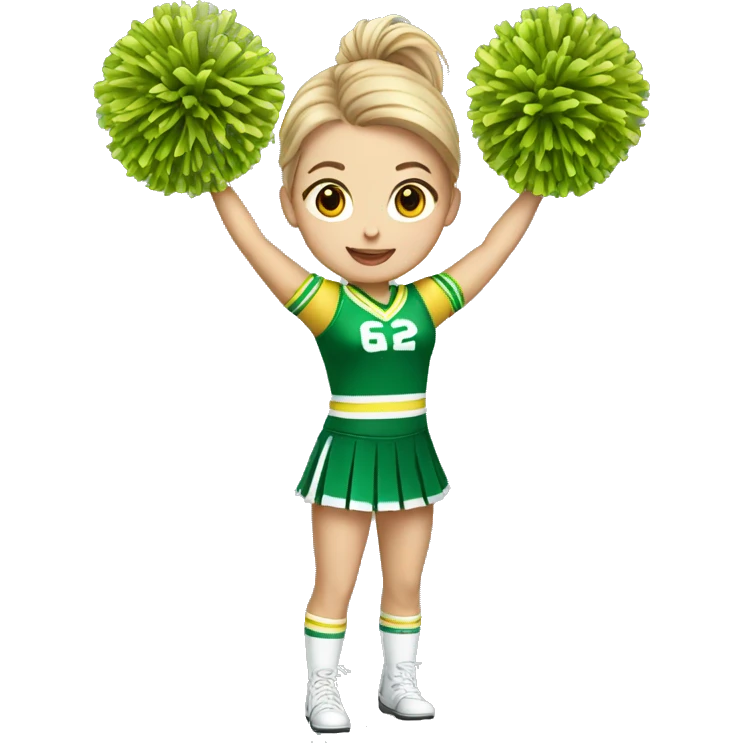 White girl Cheerleader cheering with green and yellow uniform and poms emoji