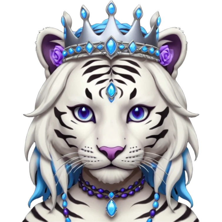 ESO Female white/black tiger khajiit leader of the umbral rose, glowing blue eyes, glowing blue 'third eye' gem, black beaded dreadlocks; silver crown/tiara with purple gems emoji