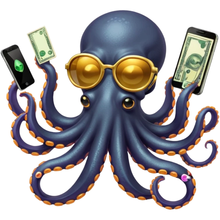 Intimidating octopus with pearl black skin, neon suction cups. Wearing mirrored sunglasses and a gold chain. 3 tentacles are holding their own cellphone, 2 other tentacles are holding stacks of money emoji