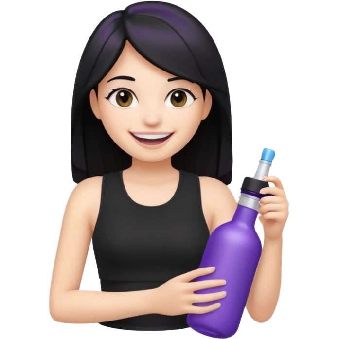 apple style emoji of a fair-skinned girl with beautiful black hair, wearing a black crop top, smiling widely with very white teeth, holding a simplified white and purple cylinder bottle, no text or branding emoji