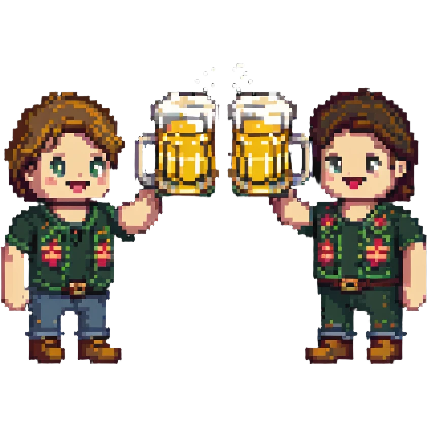 retro pixel art of two friends toasting with beer emoji