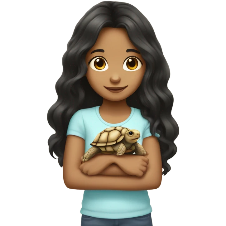 Little girl with wavy long black hair and light tan skin holding a tortoise emoji