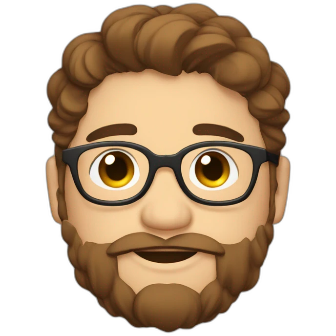 Chubby, non binary, round glasses, attached long brown hair, beard, sleepy smiling hug emoji