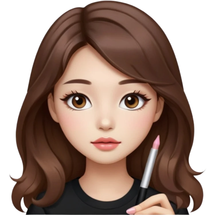 “korean straight brown hair Emoji girl, soft eyeliner and blush, gradient lips, light brown shimmer eyeshadow, long wavy hair,  emoji