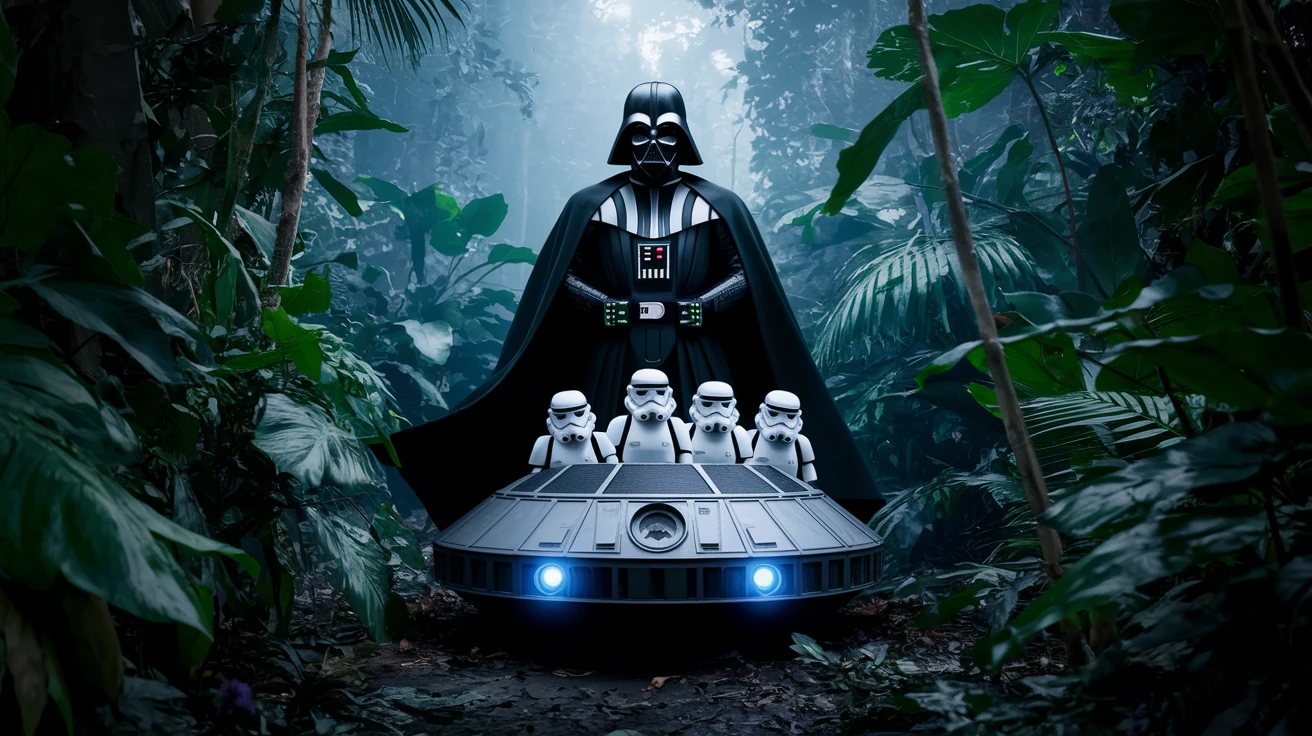 cinematic still, Medium shot, amazon jungle, Darth Vader around stormtroopers coming out from starship on ground, they are exploring the jungle, inspired by StarWars movie, captured by arri alexa emoji