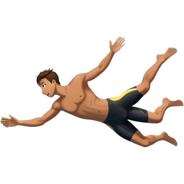 A diver mid-air, plunging from a high cliff into the sparkling ocean below. The background features rugged cliffs, clear blue water, and a bright sky, emphasizing the excitement and danger of the sport with a sense of freedom and adventure. emoji