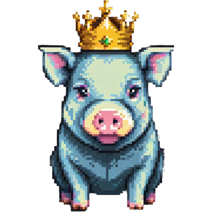 cute pig with a golden crown, chunky, colorful, simple, playful, pixel art style emoji