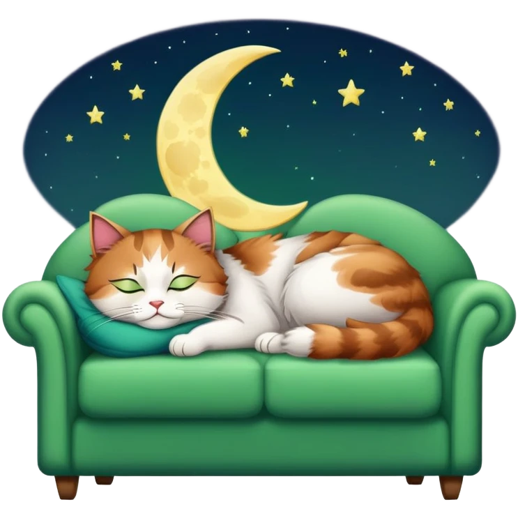 tricolor fluffy cat with big green eyes sleeping on a sofa with a moon above her emoji