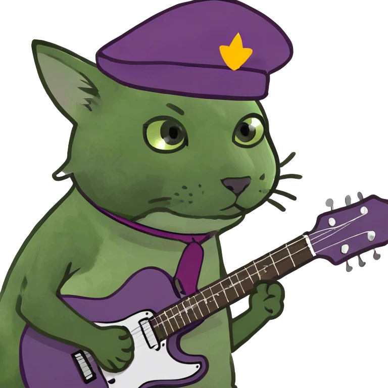 Grey cat playing a purple guitar emoji