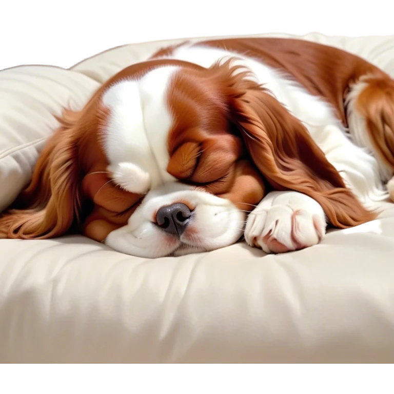Cinematic Meme-Worthy Chubby Sleeping Cavalier King Charles Spaniel Portrait Emoji, Head resting peacefully with a contented smile, showcasing a delightfully chubby build and a luxuriously soft coat of chestnut and white, eyes shut in a serene nap, Simplified yet hilariously adorable features, highly detailed, glowing with a soft, drowsy light, high shine, relaxed and utterly lovable, stylized with an air of playful laziness, bright and heartwarming, soft glowing outline, capturing the essence of a comically sleepy Cavalier King Charles Spaniel, so meme-worthy it feels like it could instantly become the next viral sensation of adorable slumber! emoji