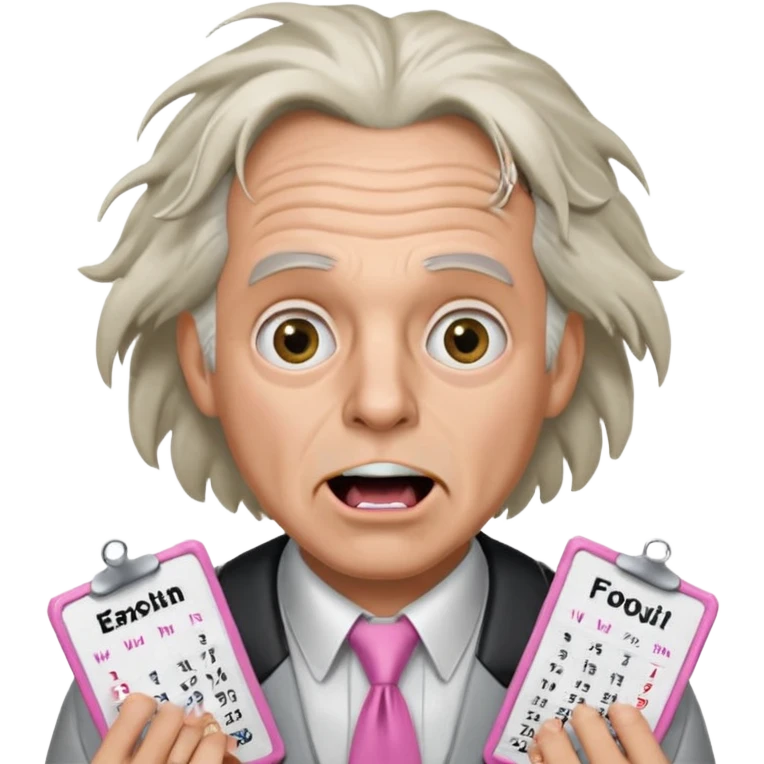 Doc Brown, in Back to the Future, with his hair all over the place and his mouth wide open. No glasses. Wearing a silver dress with black trim, a pink collared shirt and a white tie, holding a calendar.  emoji