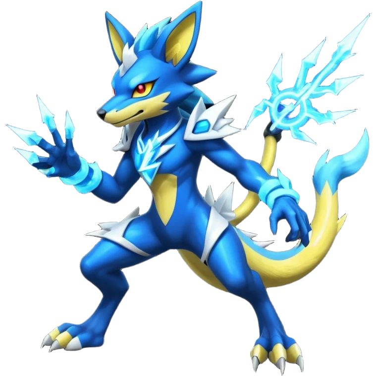 Cobalt-Blue Neon-Electric Bright-Glowing Lightning-Veined Zeraora-Luxray-Lucario-cyber-fusion-creature (full body) emoji