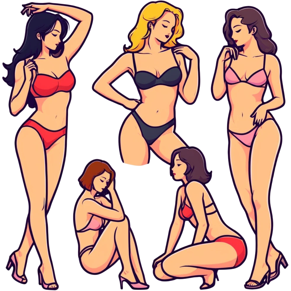 sticker style emoji combination of 5-8 pieces inspired by erotic 3D animation featuring sexy female looks, intimate atmosphere, fan service, love tension. Emotions include passion, seduction, sensuality, dominance, softness. No text, no flags, no random animals, logical and juicy alternation. emoji