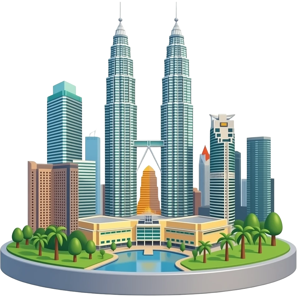 3D isometric miniature emoji of Petronas Twin Towers, with Kuala Lumpur skyline and small palm trees, cute chibi style, rounded shapes, glossy vibrant colors, soft lighting, tiny diorama, minimal background emoji